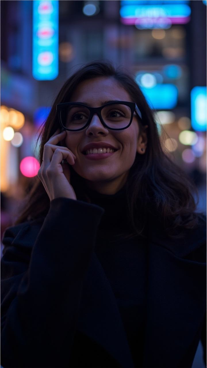 Young professional wearing smart audio glasses while walking through a city street at dusk