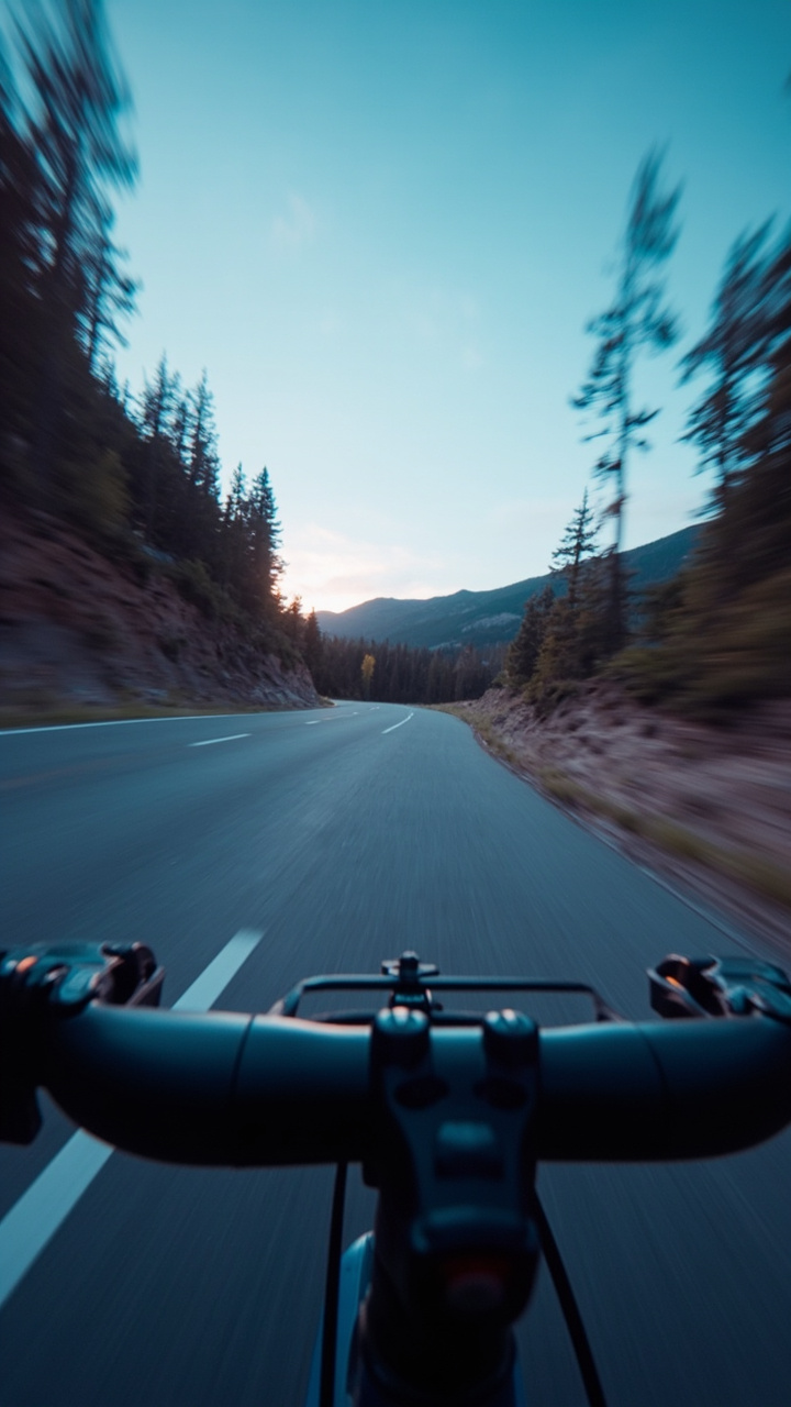 First-person view from a road cyclist wearing smart sports glasses on an alpine road