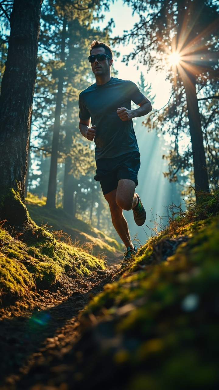 Trail runner wearing smart sports glasses on a mossy mountain forest trail