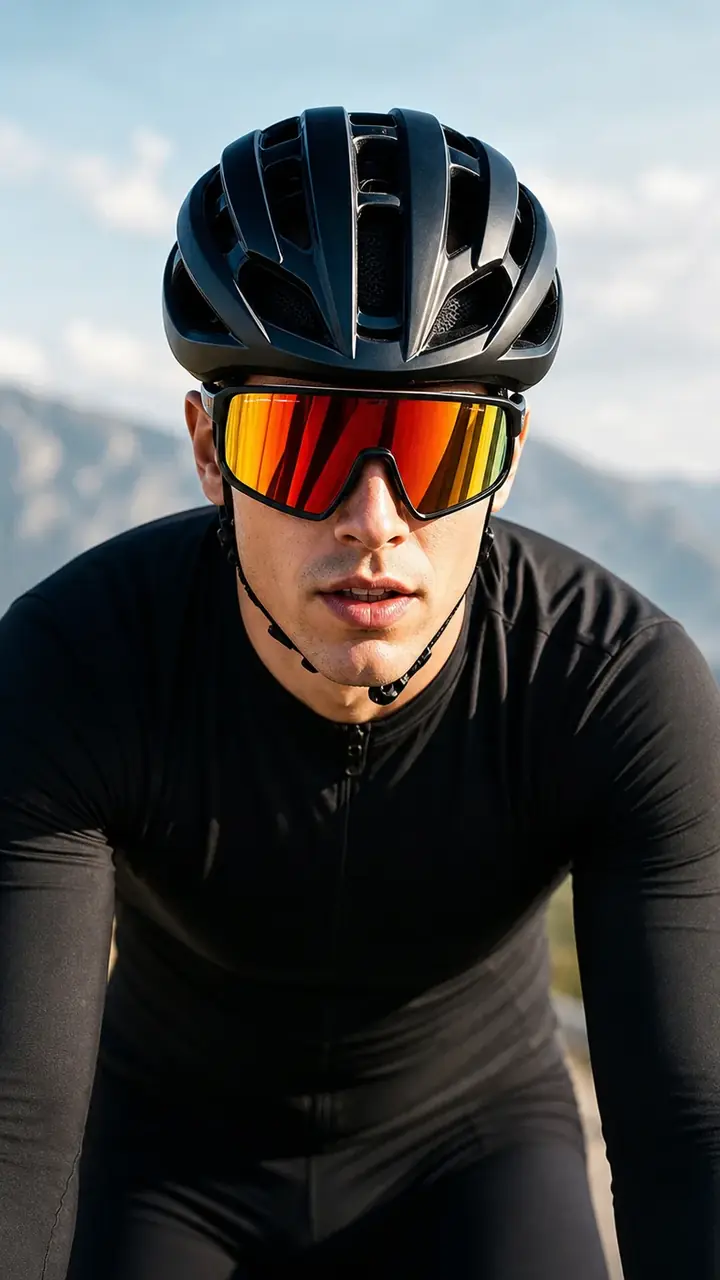 Cyclist wearing smart sports glasses for first-person capture and open-ear audio