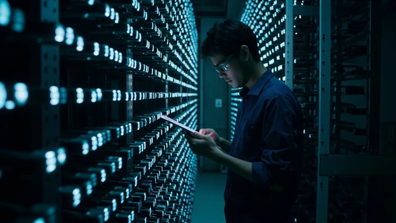 Burn-in aging racks of powered-on smart glasses in a quality control room