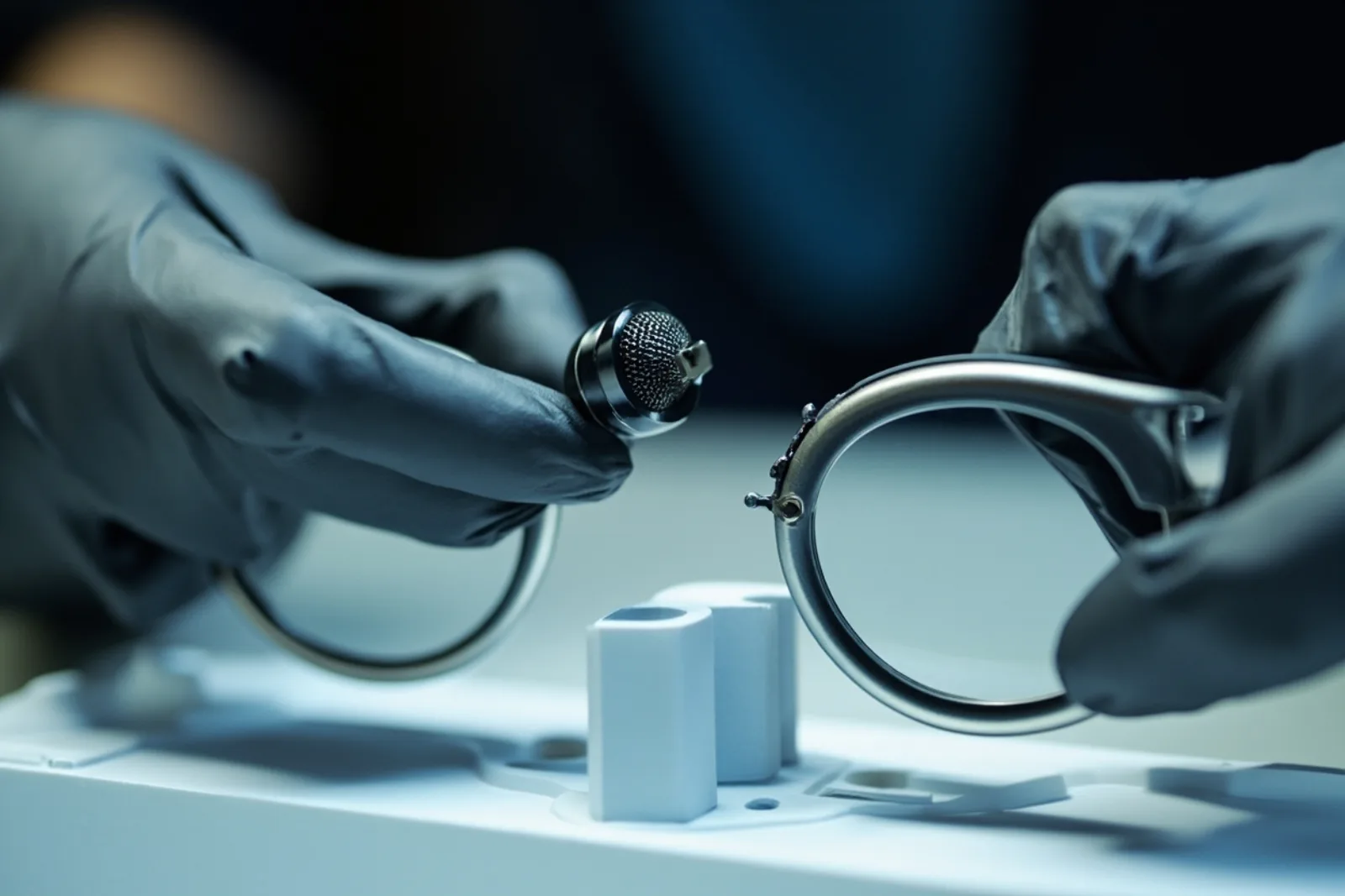 Gloved hands assembling a small speaker module into a smart glasses temple on a white jig