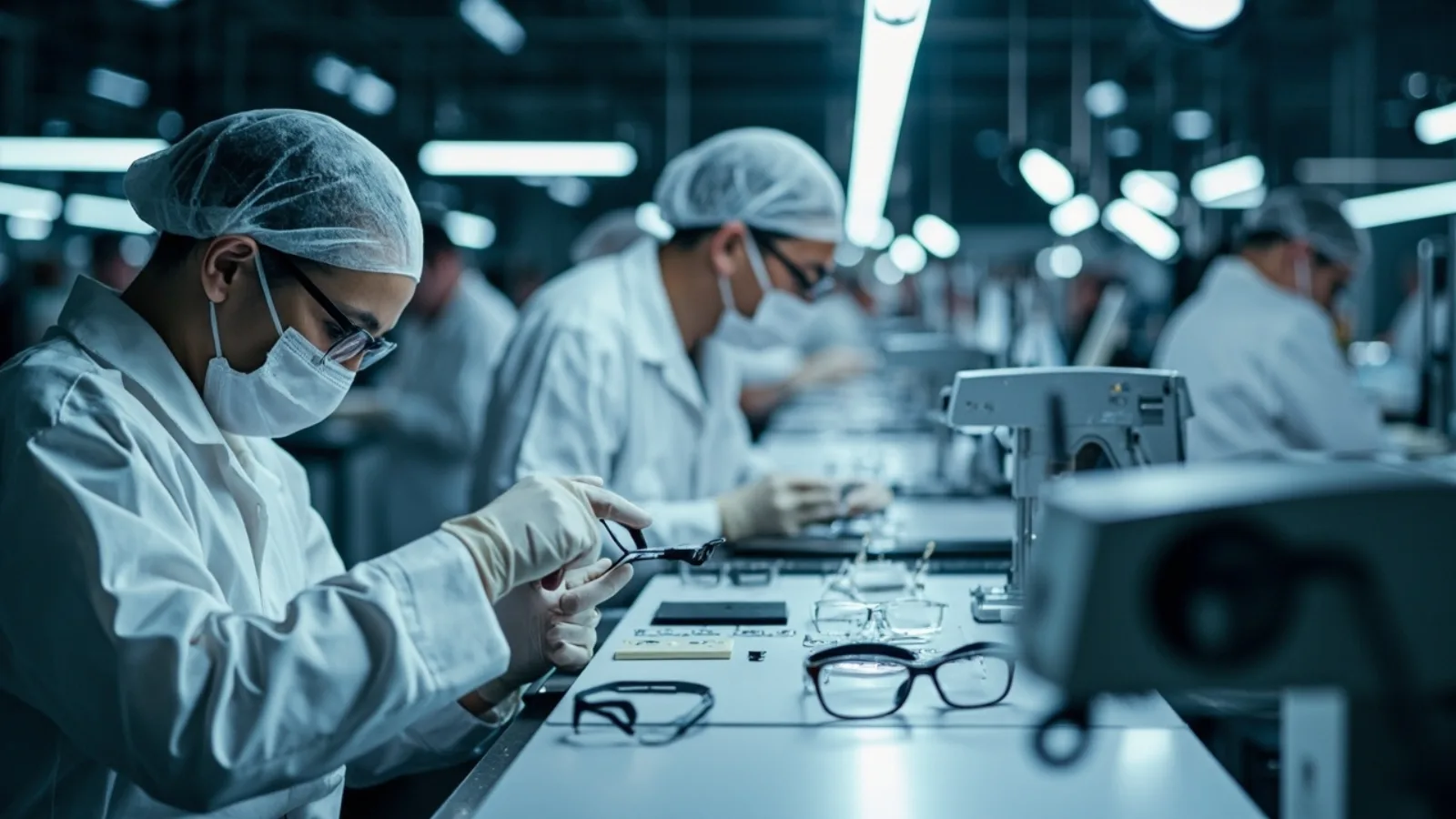 Operators assembling smart glasses along controlled workstations (representative visual)