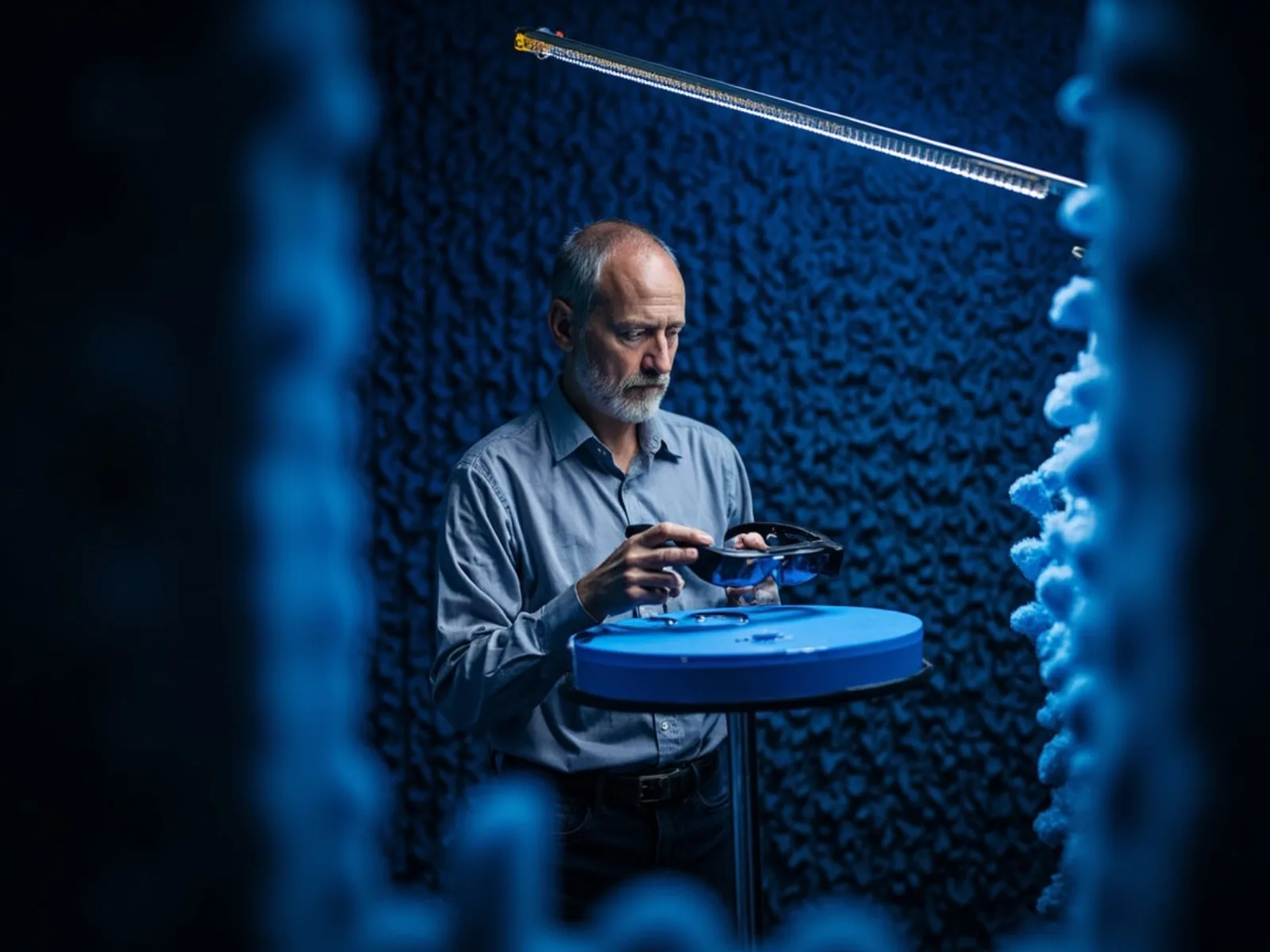 Smart glasses on an EMC test turntable inside an anechoic chamber