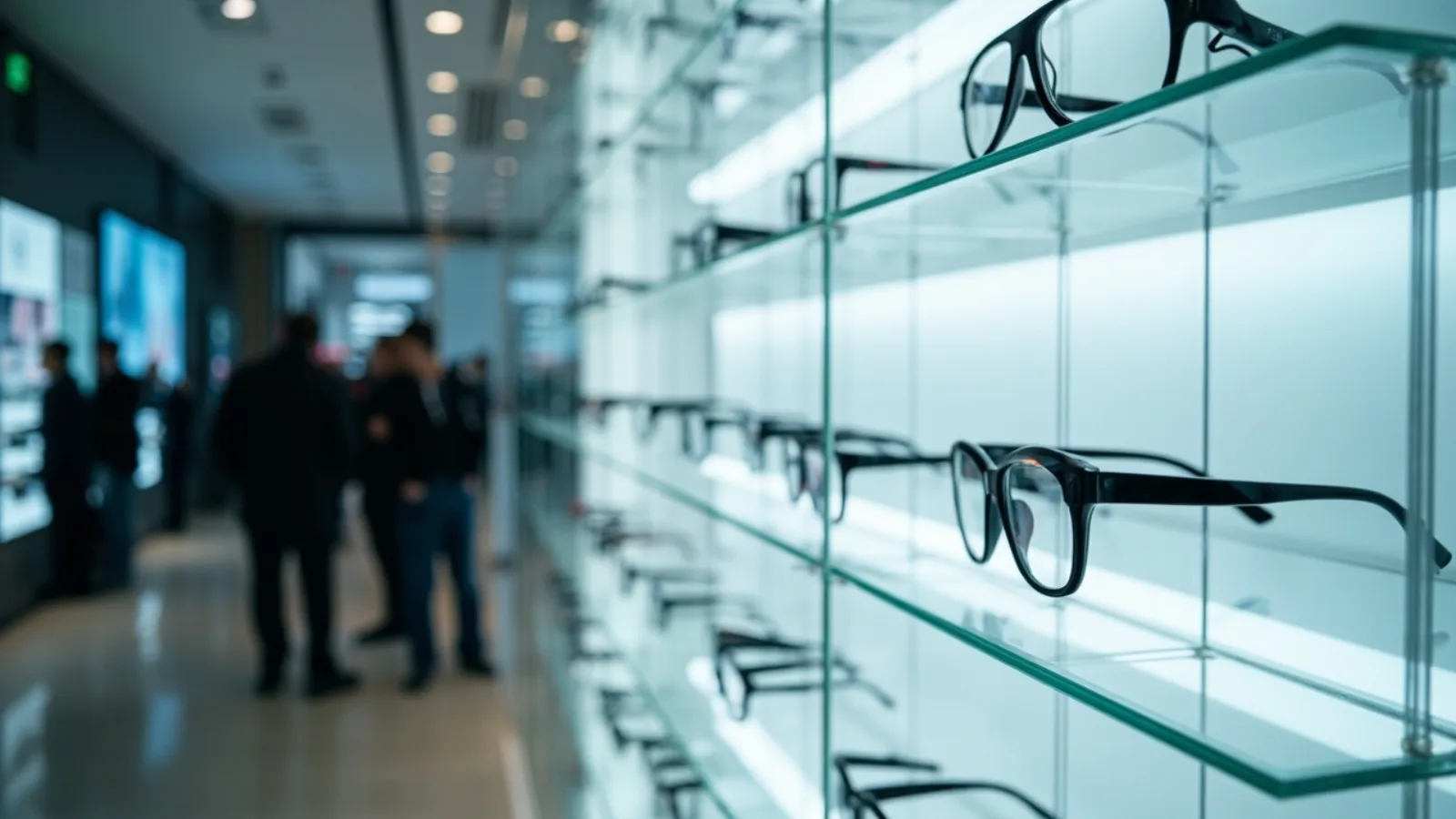Retail wall displaying many smart glasses models in an electronics showroom
