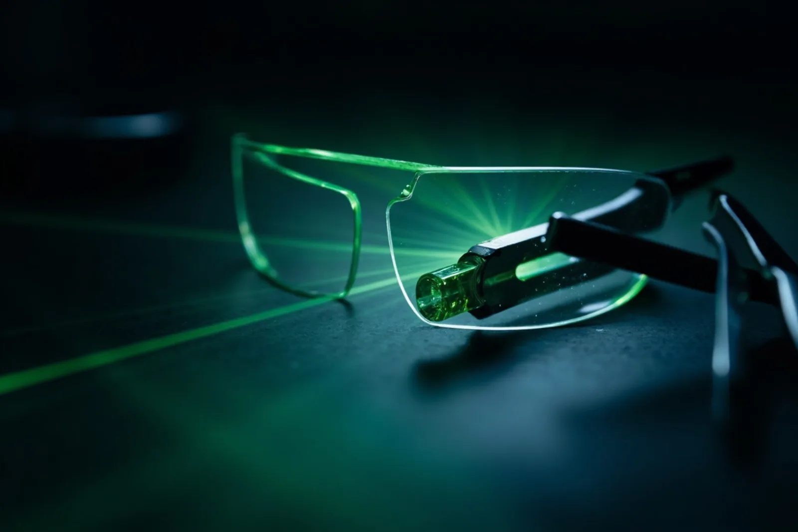 Close-up of a transparent waveguide lens on an optical test bench
