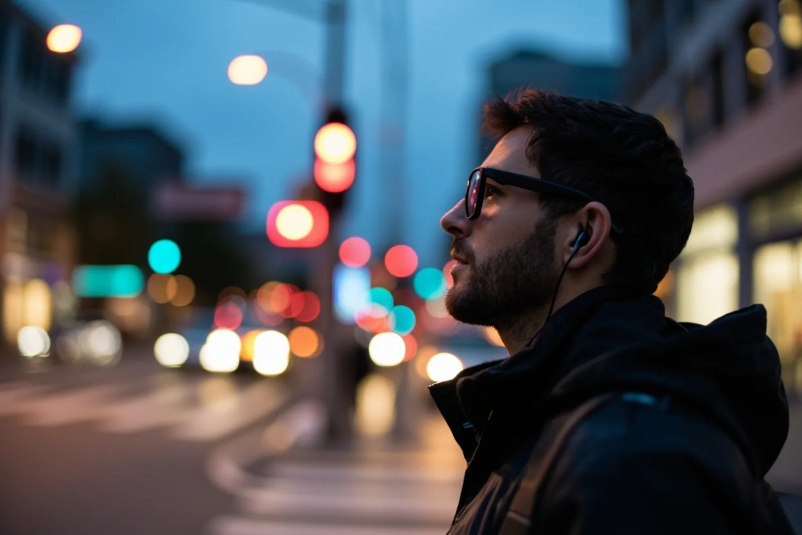 Person wearing open-ear audio glasses in a city environment
