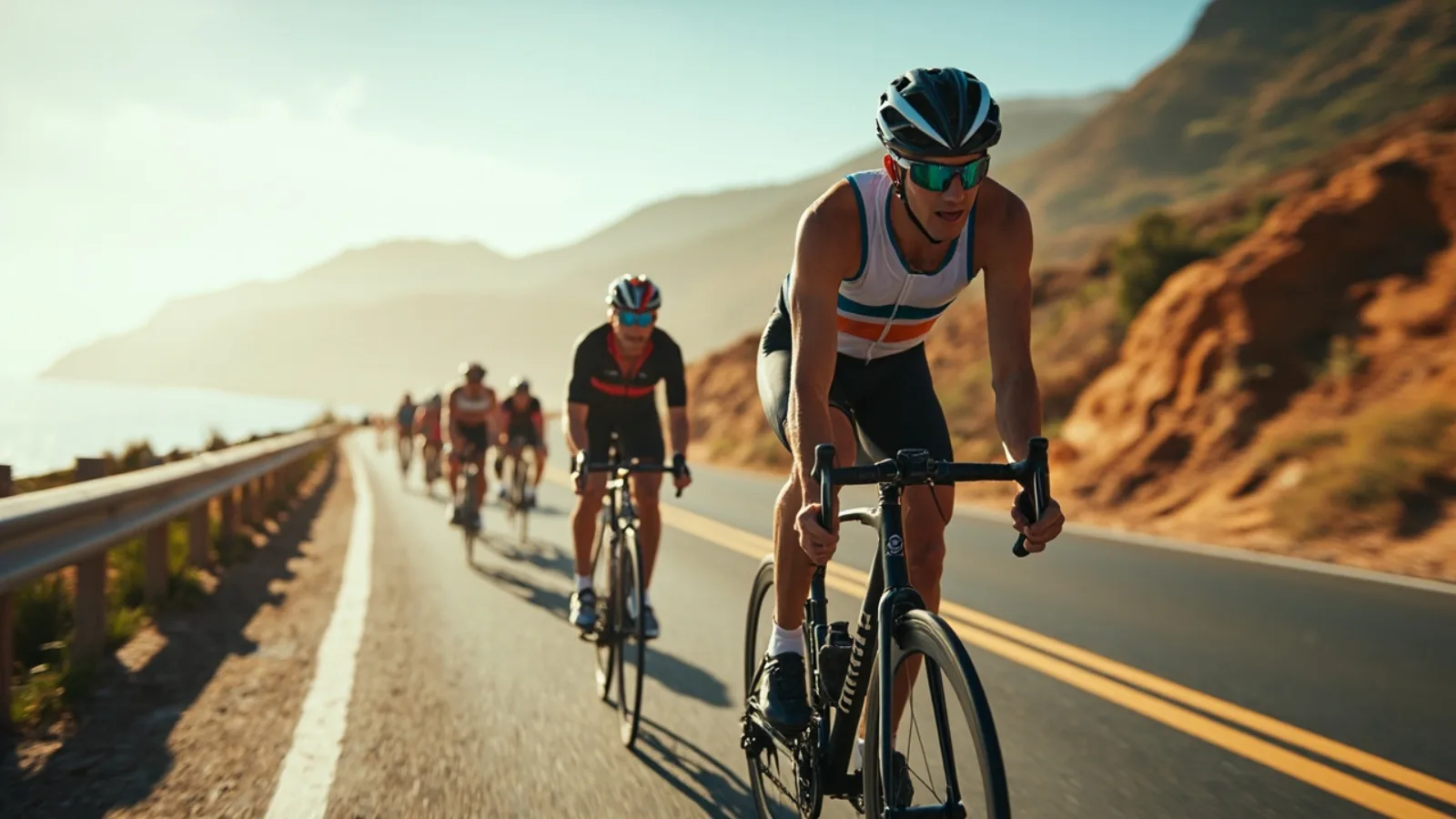 Road cyclists wearing smart cycling glasses in a peloton on a coastal highway