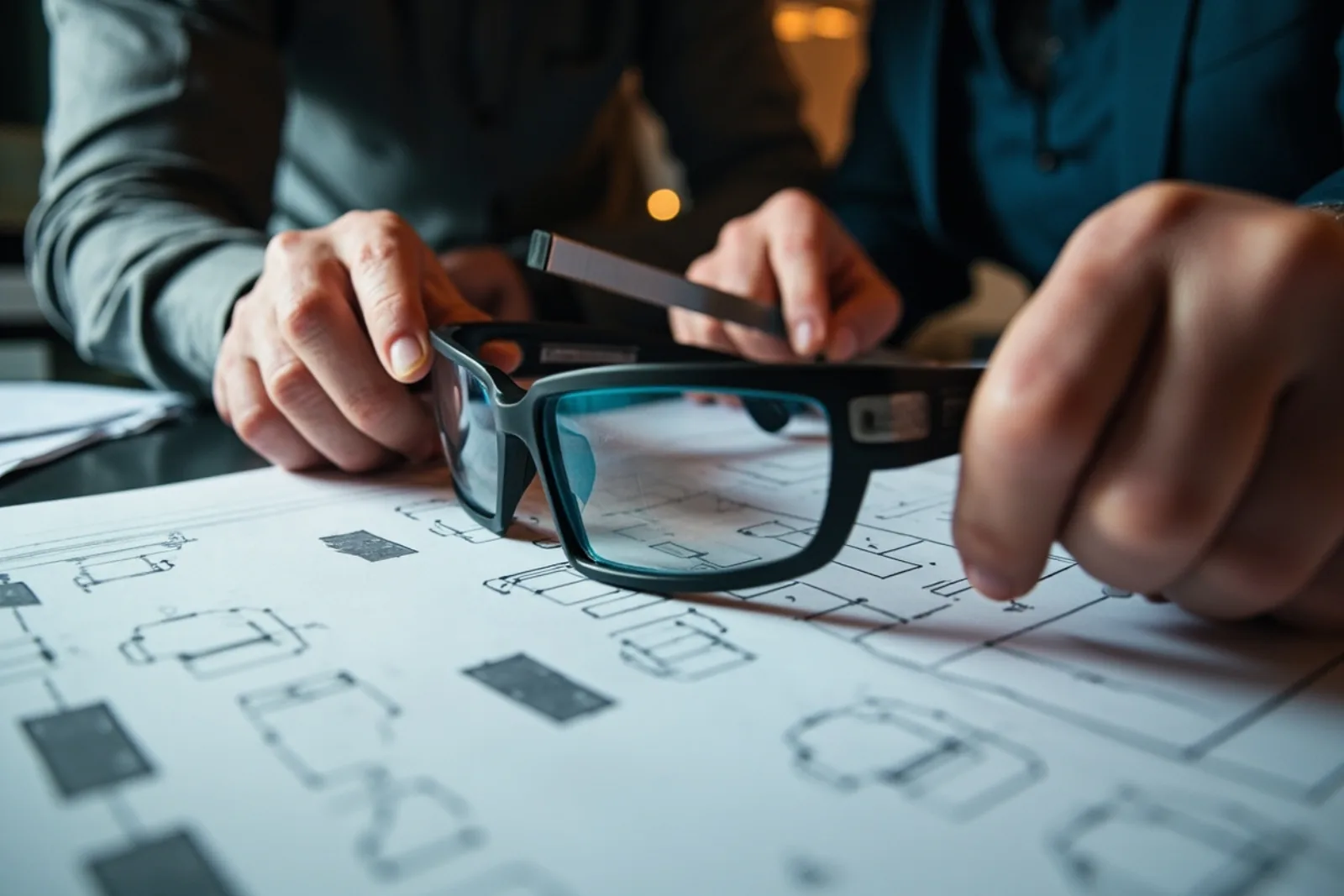 Product team evaluating a smart glasses sample against a checklist