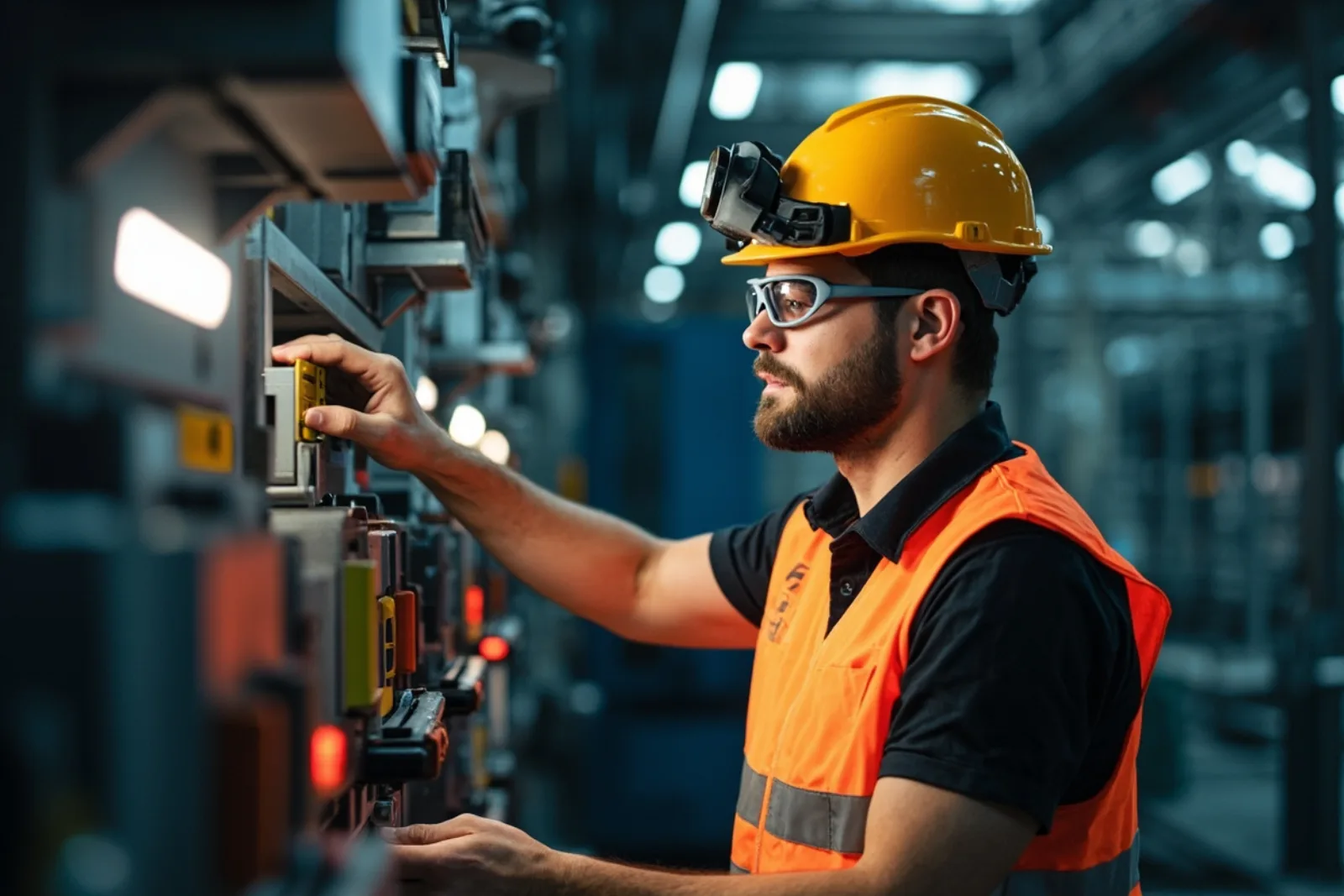 Field service technician wearing smart camera glasses inspecting industrial equipment in a modern plant