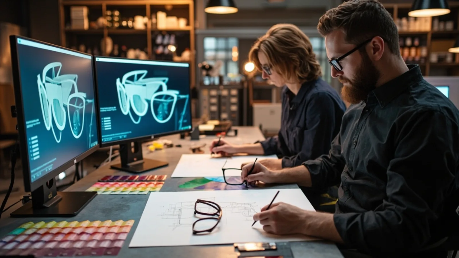 Industrial design studio with smart glasses frame prototypes and CAD workstations