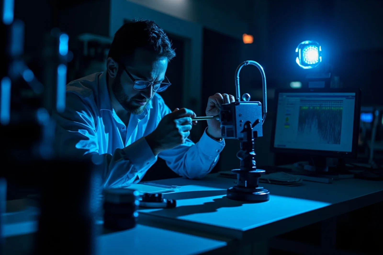 Optical bench measuring lens transmittance, polarization and alignment
