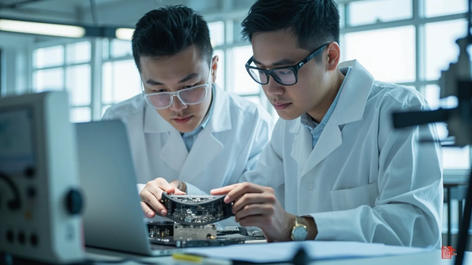 Firmware engineer validating smart glasses software and OTA build in the R&D lab