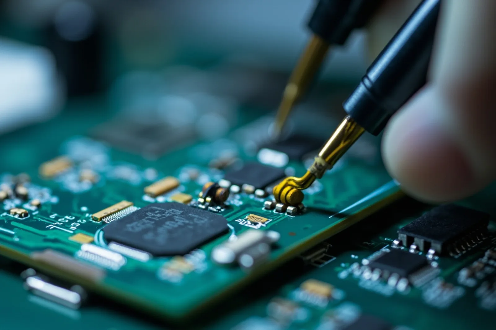 Close-up of smart glasses PCBA with Bluetooth SoC, MEMS microphones and battery protection