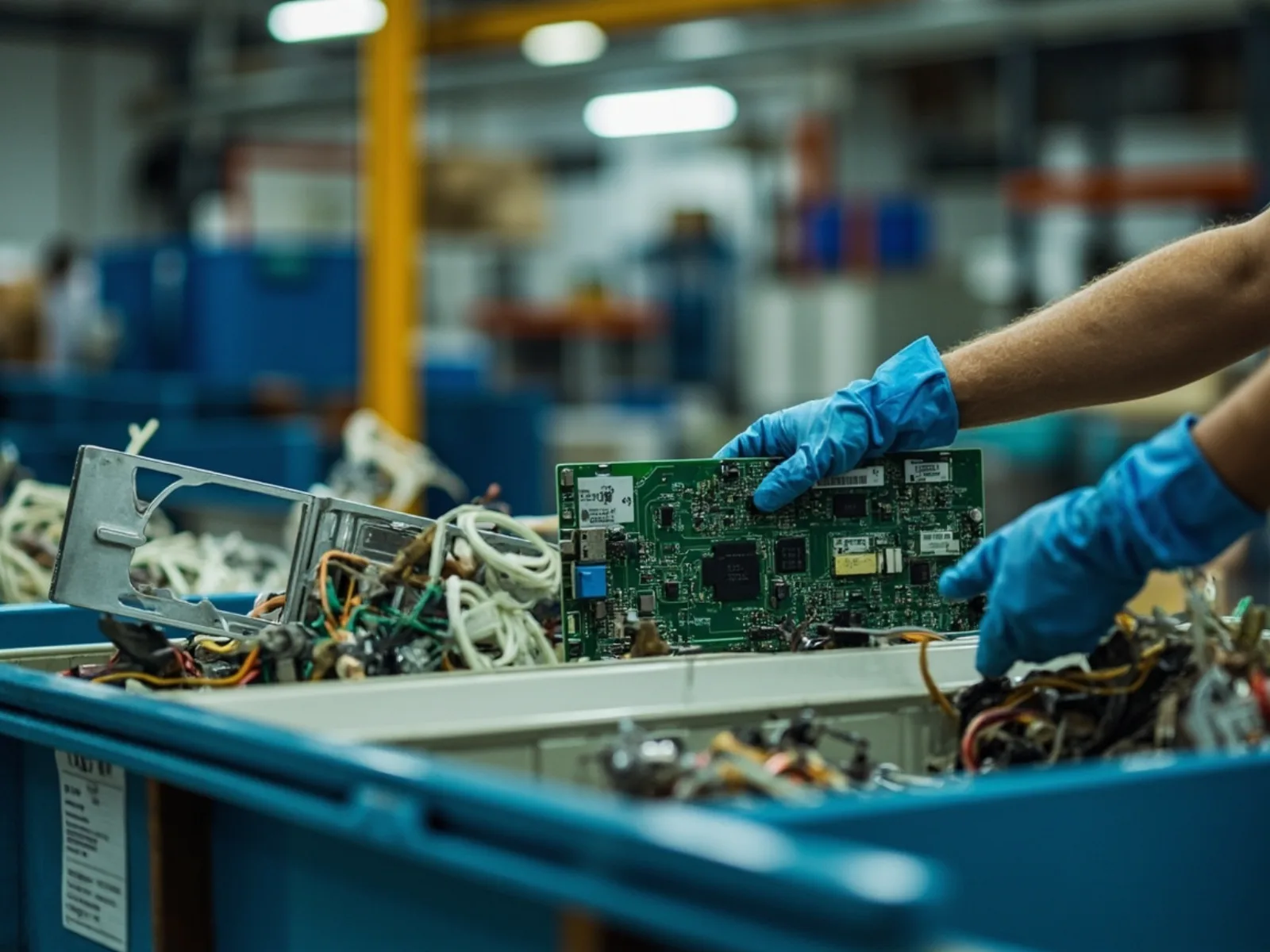Segregated electronic waste and battery recycling containers at the factory