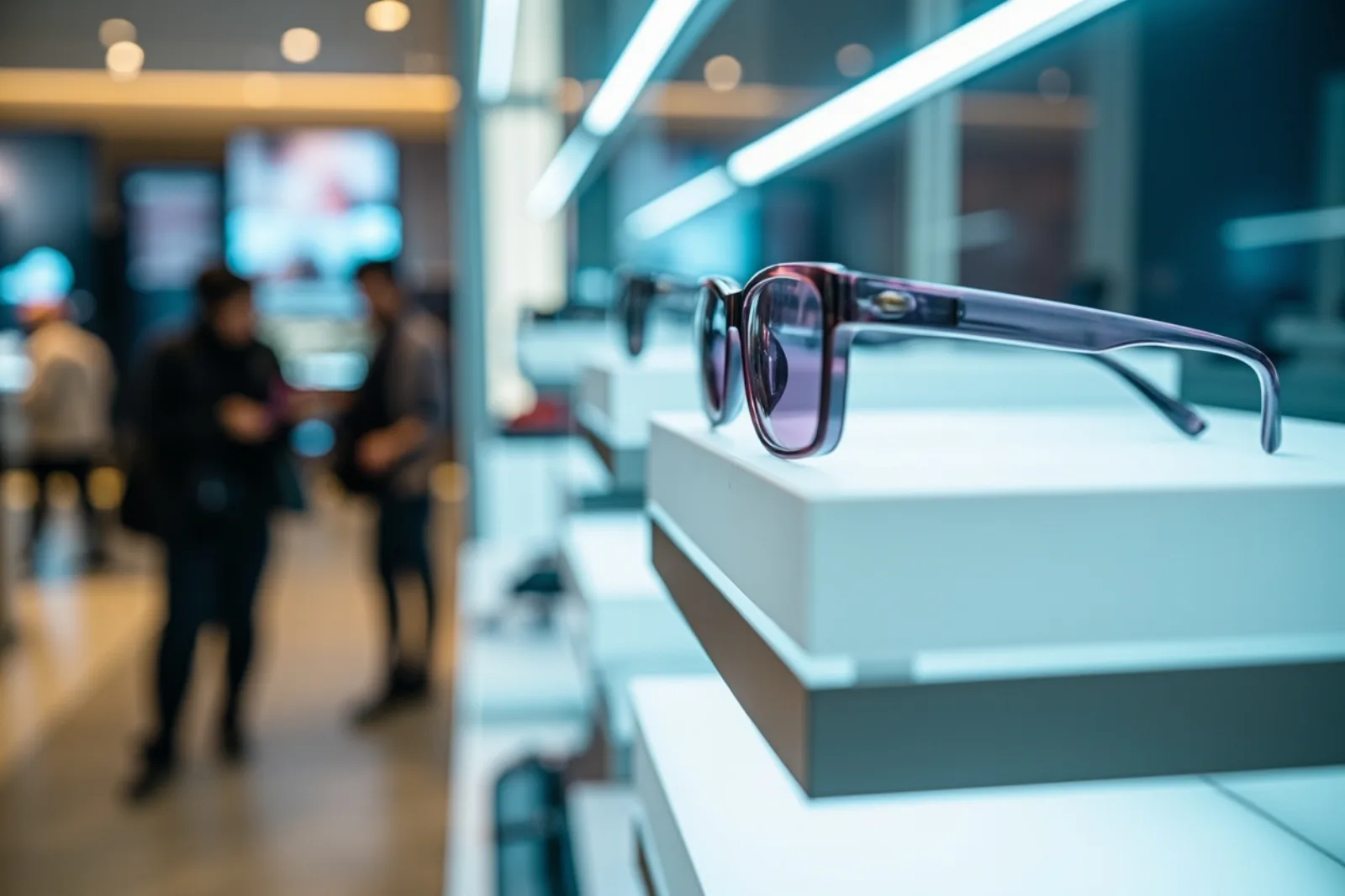 Branded smart glasses retail packaging presented on a store shelf