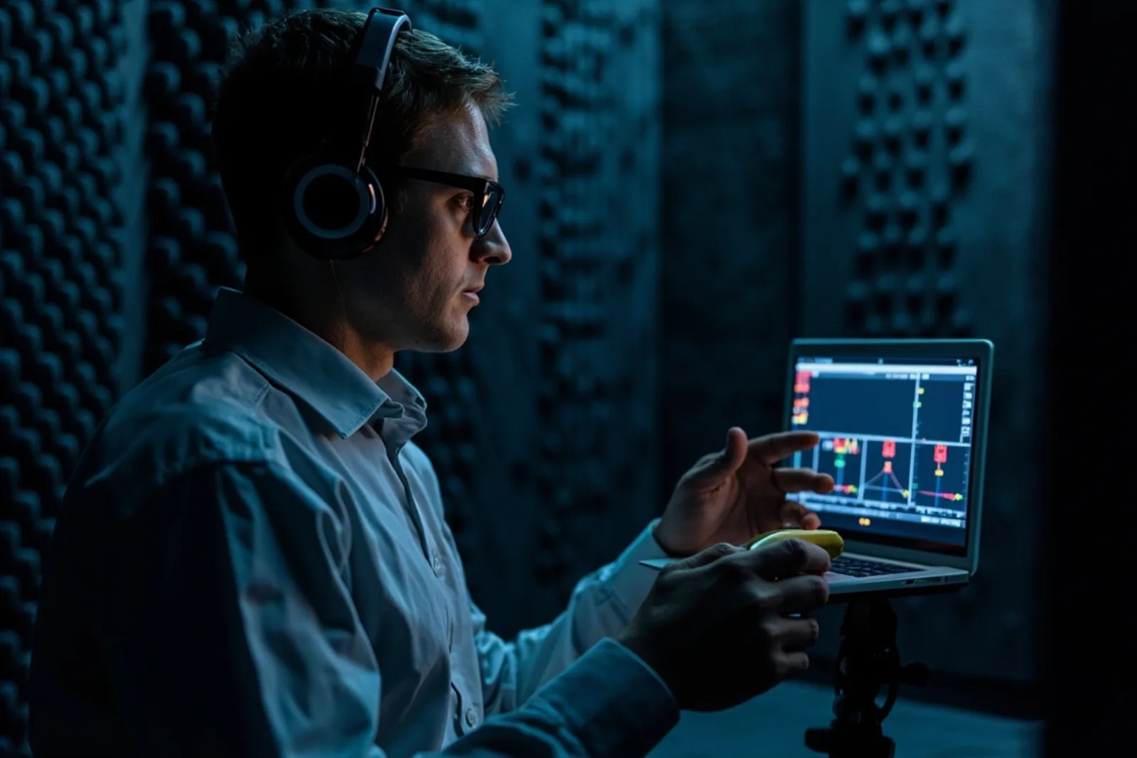 Engineer running RF pre-scan on smart glasses in a shielded chamber