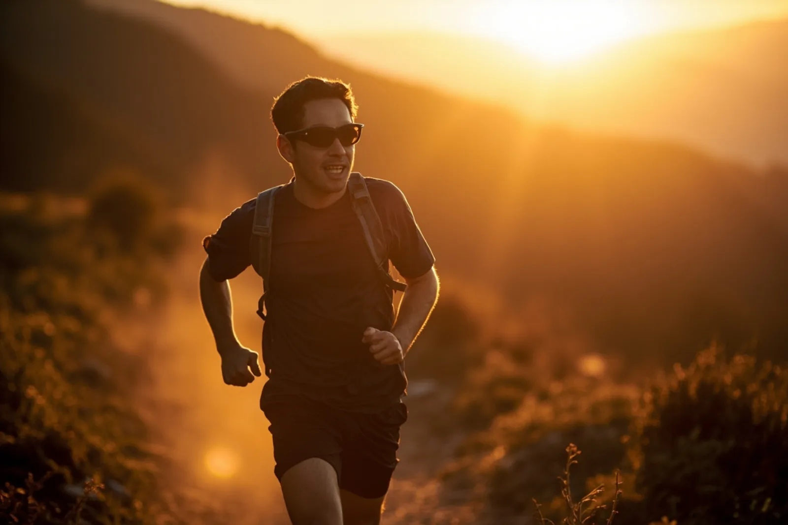 Runner on a trail wearing lightweight audio smart glasses