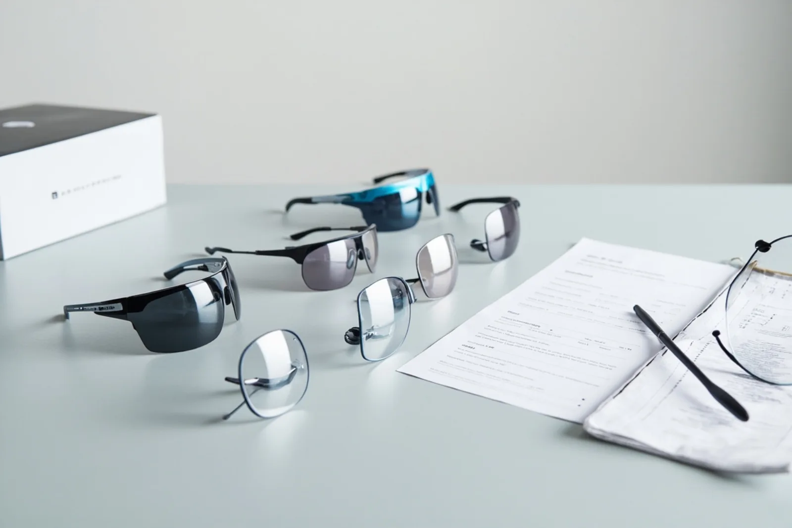 Sample kit of CYNRIN smart glasses models arranged with a spec sheet for client evaluation