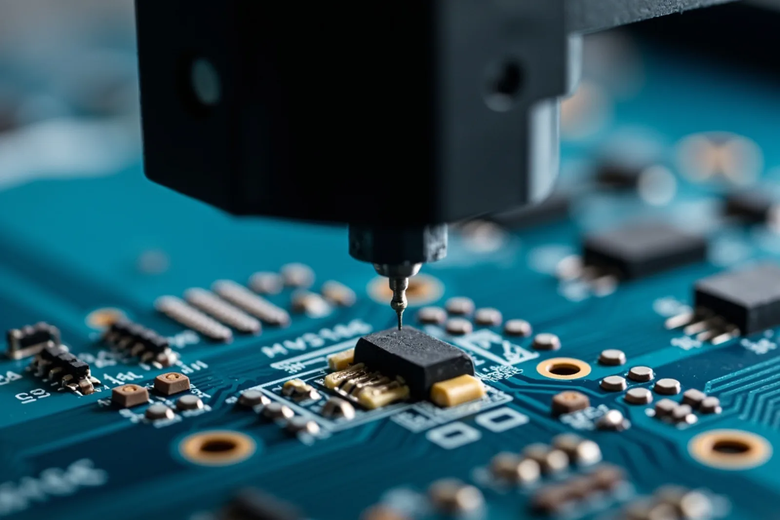 Close-up of surface-mount components on a smart-glasses mainboard