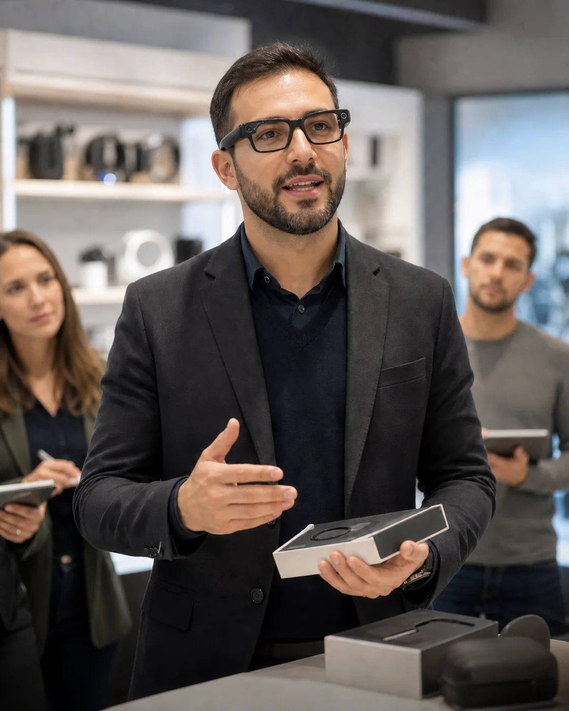 Presenter using AI camera glasses in a training environment