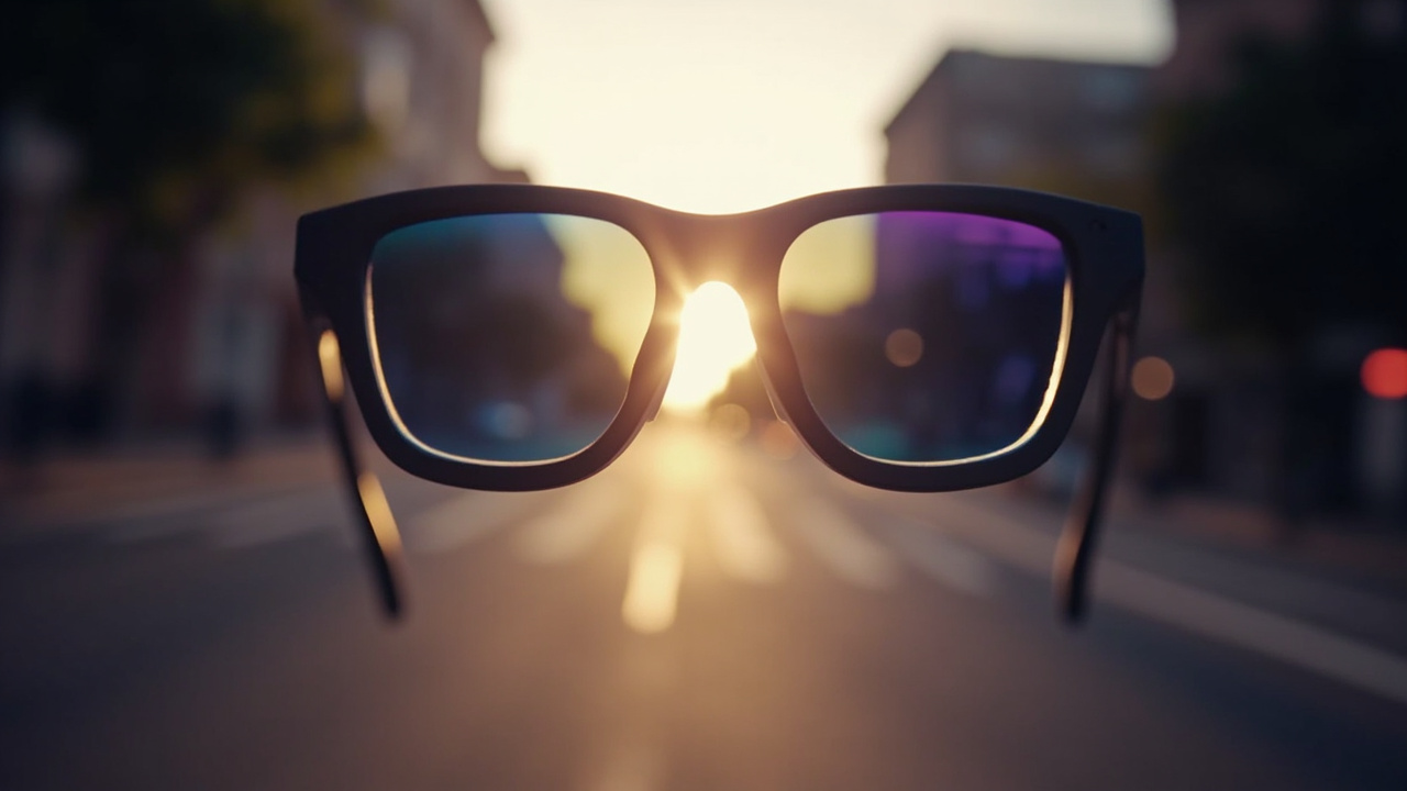 First-person view seen through camera smart glasses on a city ride