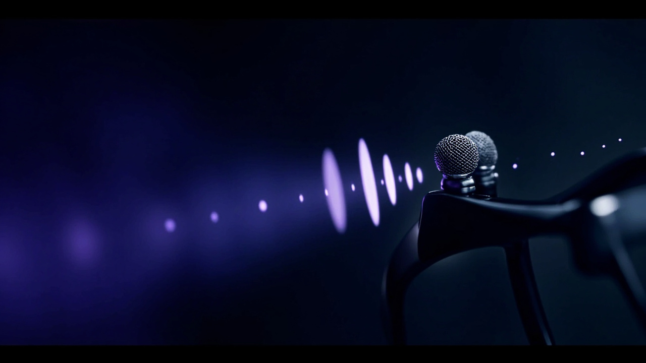 Twin microphones on a smart-glasses temple with violet sound-wave particles