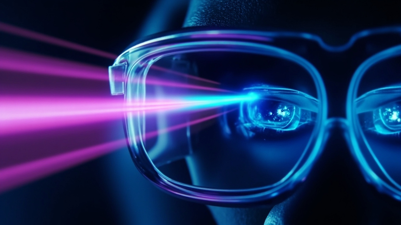 Glowing indigo and violet light traveling through an AR smart-glasses waveguide lens